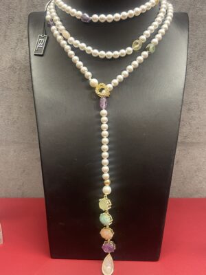 Collana lunga perle acqua dolce e pietre